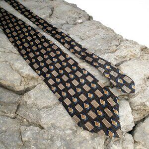 Vintage IV Front Geometric Pattern Imported Silk Tie Designer Olive Green Brown